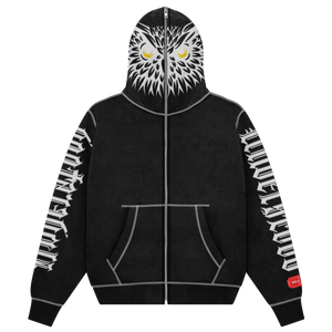 Black Owl Vision Puff Print Full Zipped Hoodie